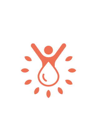 A stylized orange drop with a person and sun rays around it.