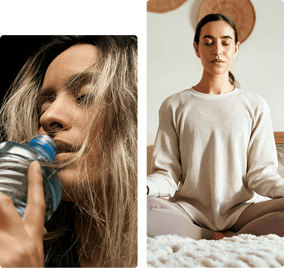 Woman drinking water and meditating indoors.